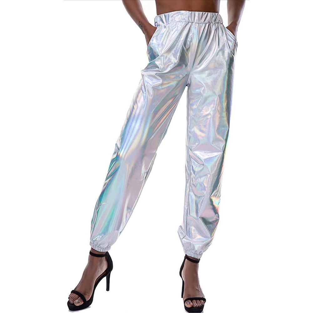 NEW Shiny Metallic Pants Holographic Disco Jogger Pants L